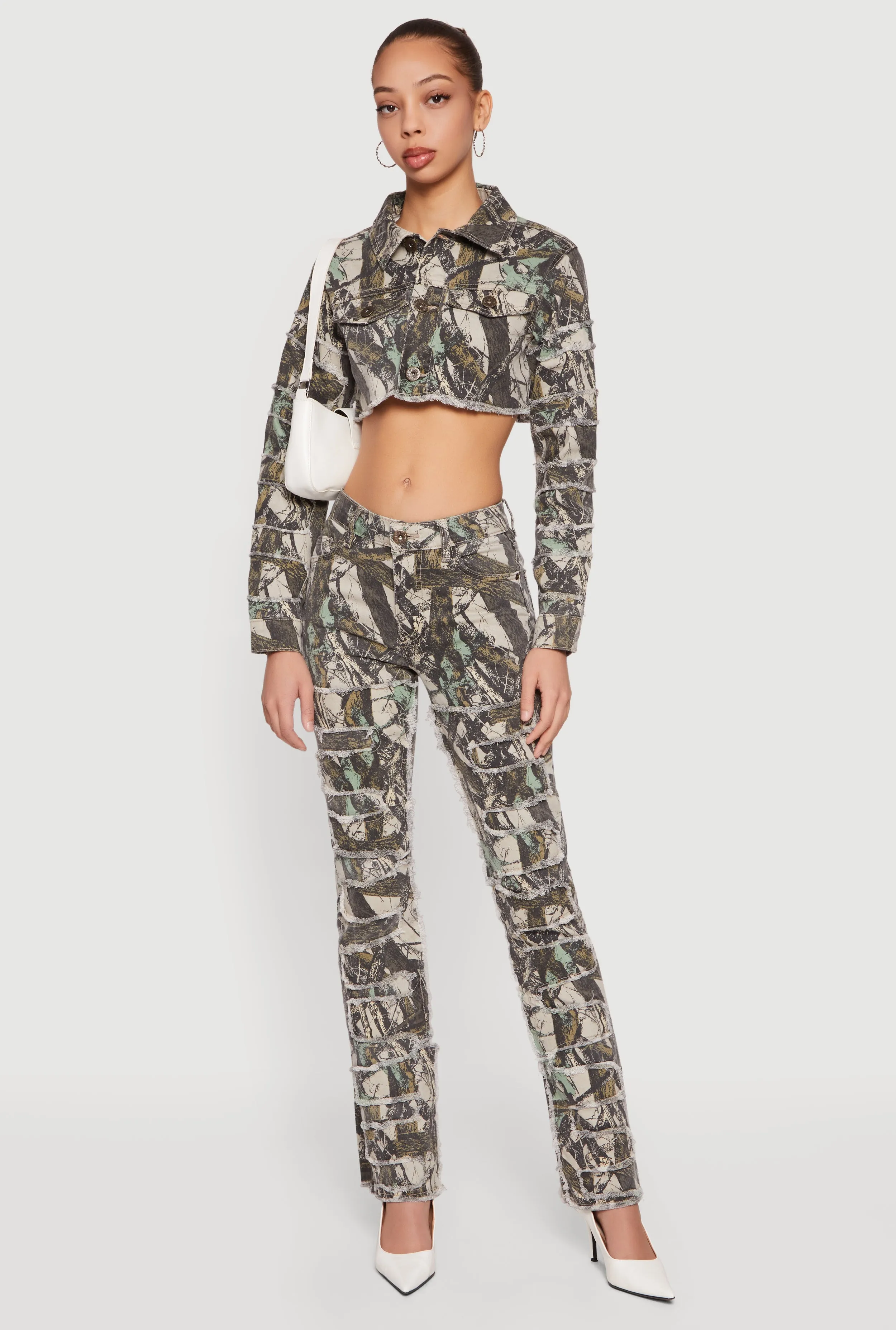 Tree Camo Denim Cropped Frayed Hem Jacket sold by Rainbow product image thumbnail 2