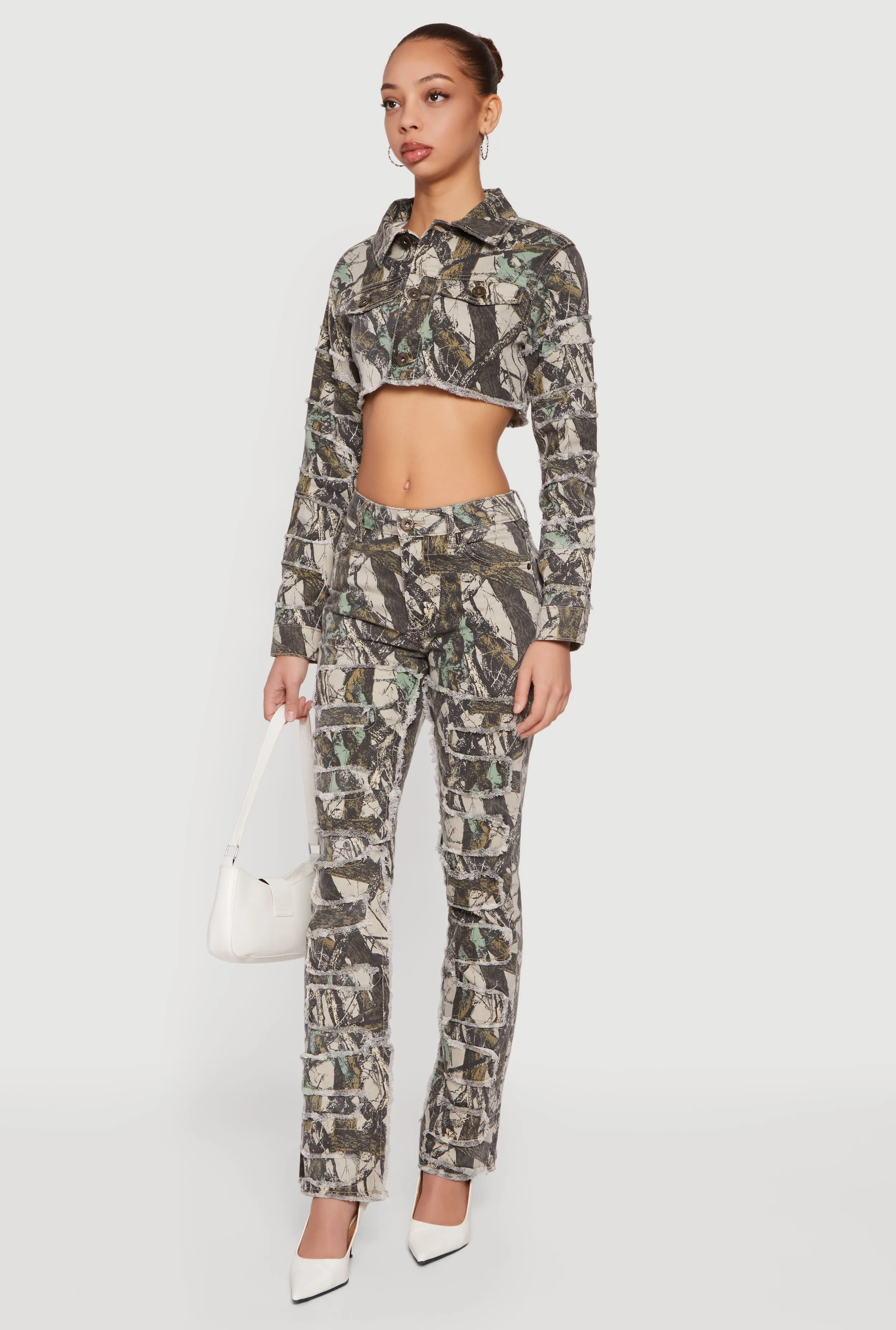 Tree Camo Denim Cropped Frayed Hem Jacket sold by Rainbow product image thumbnail 3