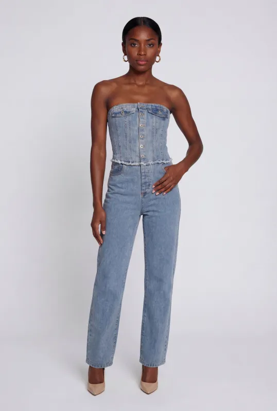 Corset Detail Straight Leg Denim Jumpsuit sold by Rainbow