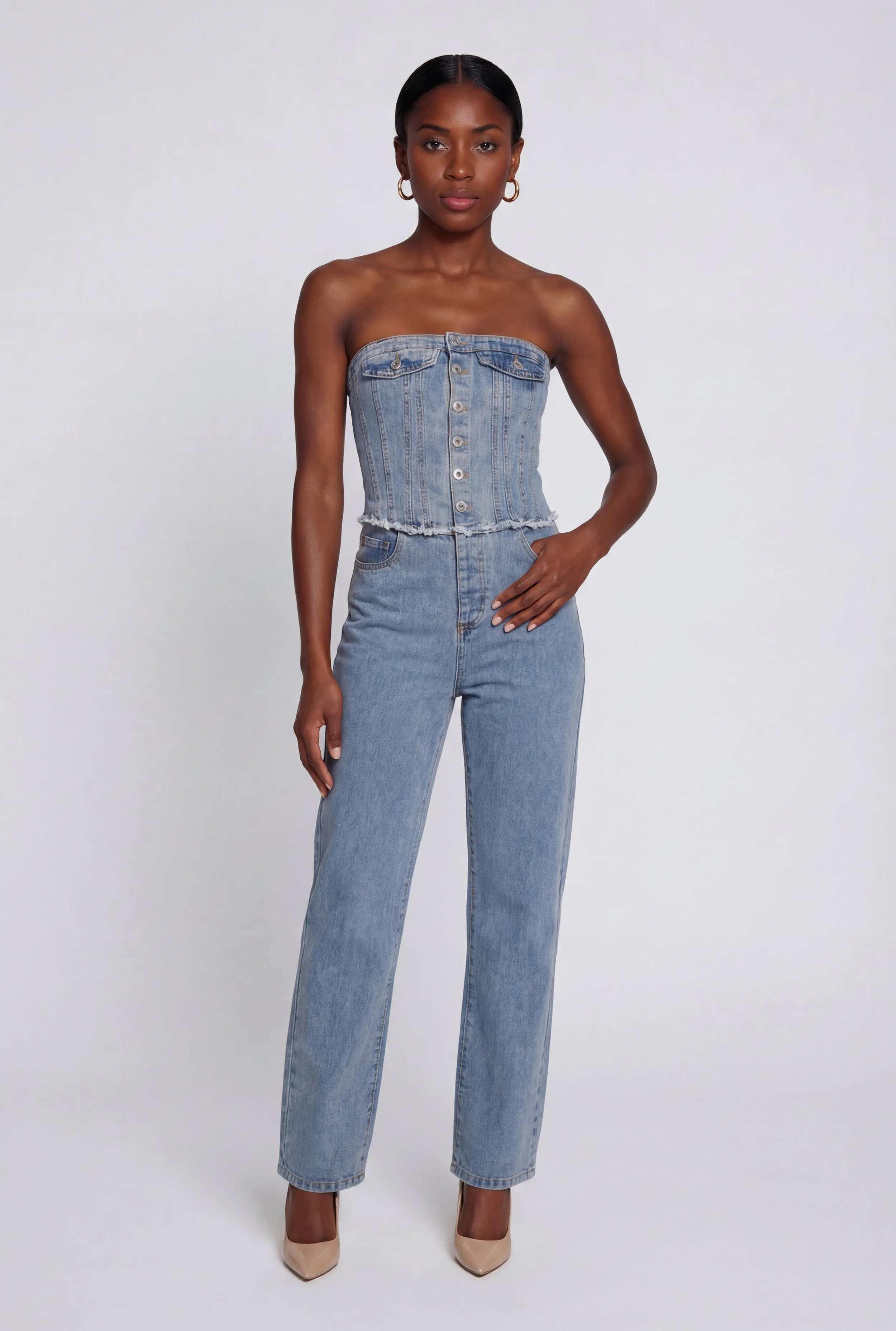 Corset Detail Straight Leg Denim Jumpsuit sold by Rainbow