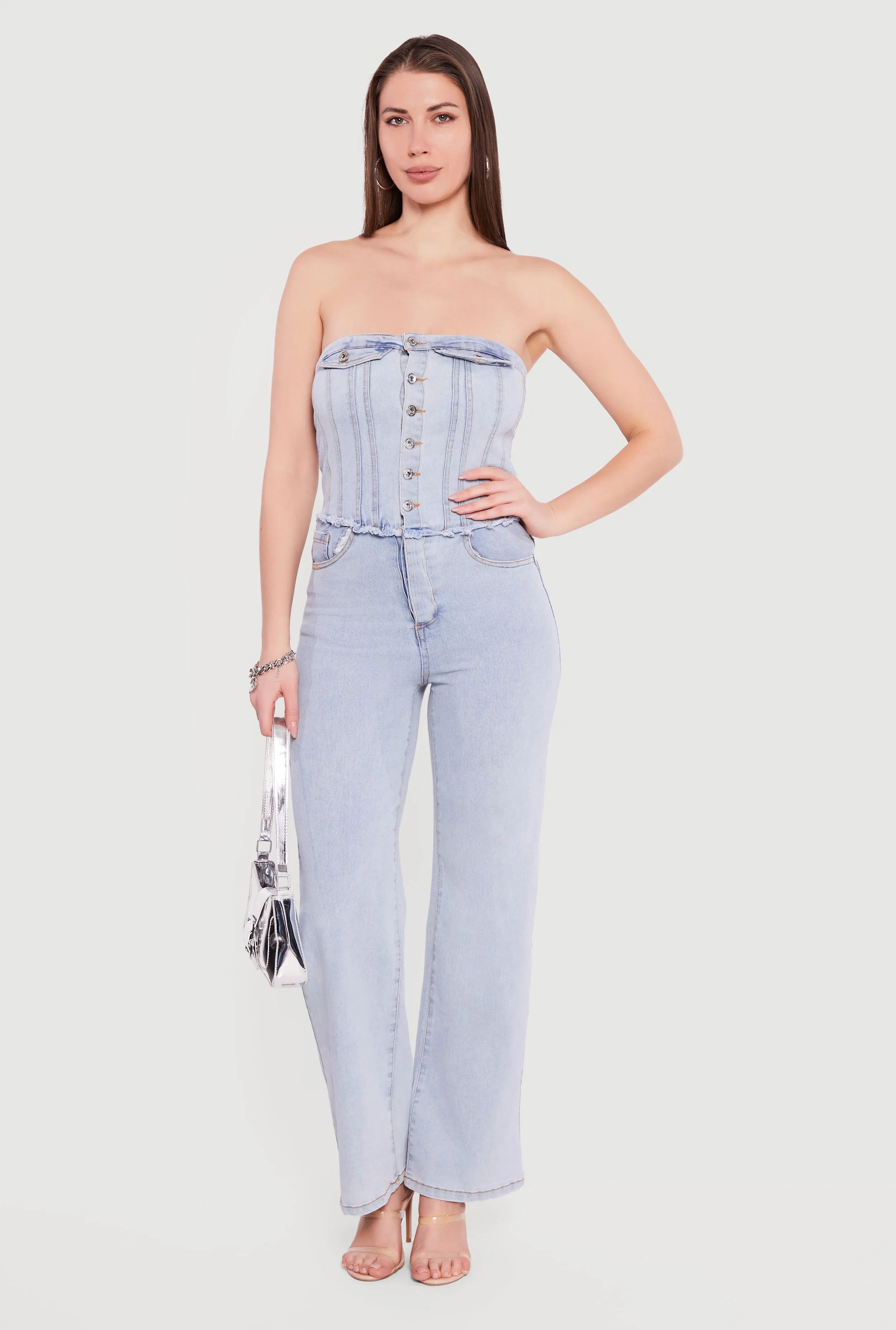 Corset Detail Straight Leg Denim Jumpsuit sold by Rainbow