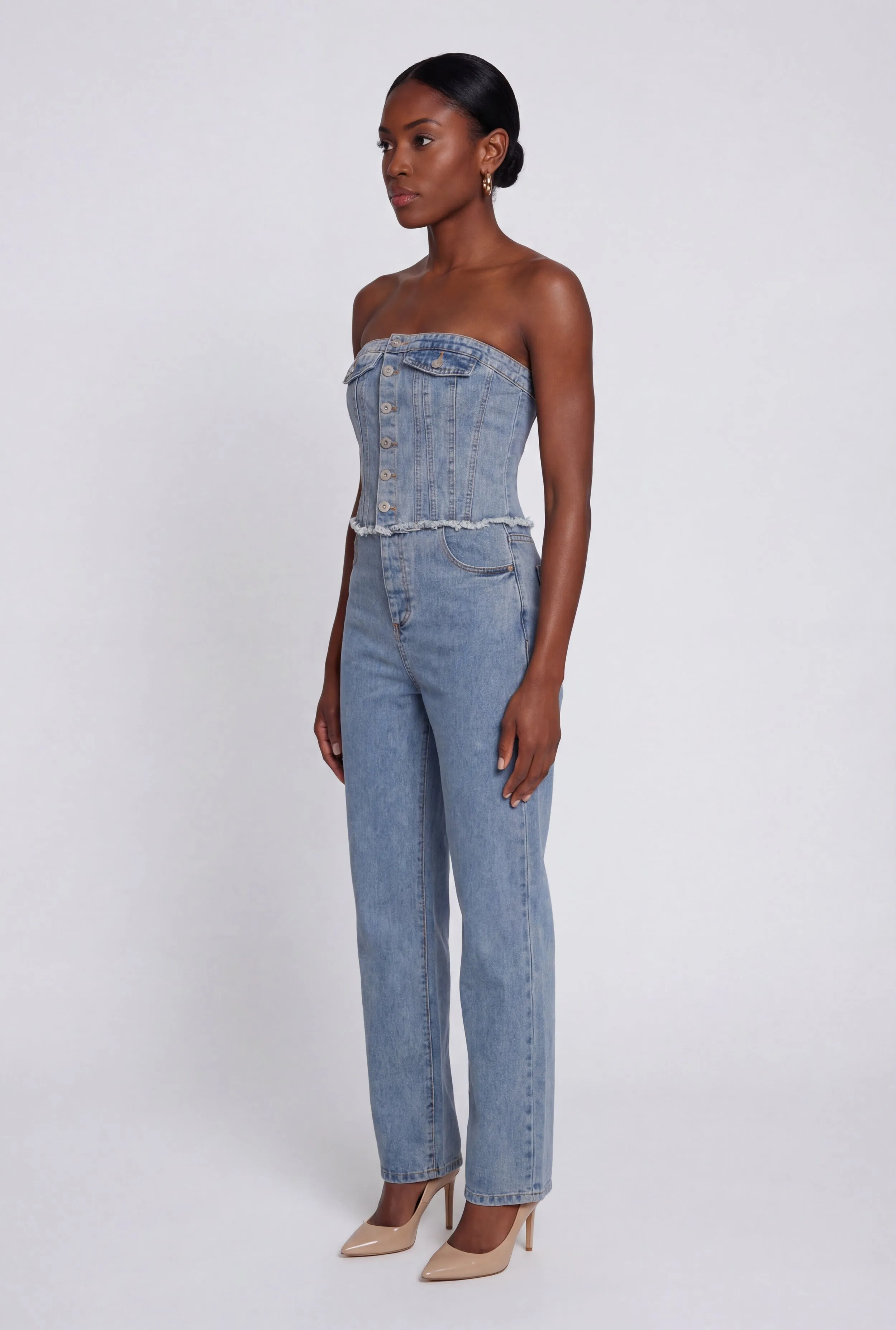 Corset Detail Straight Leg Denim Jumpsuit sold by Rainbow product image thumbnail 2