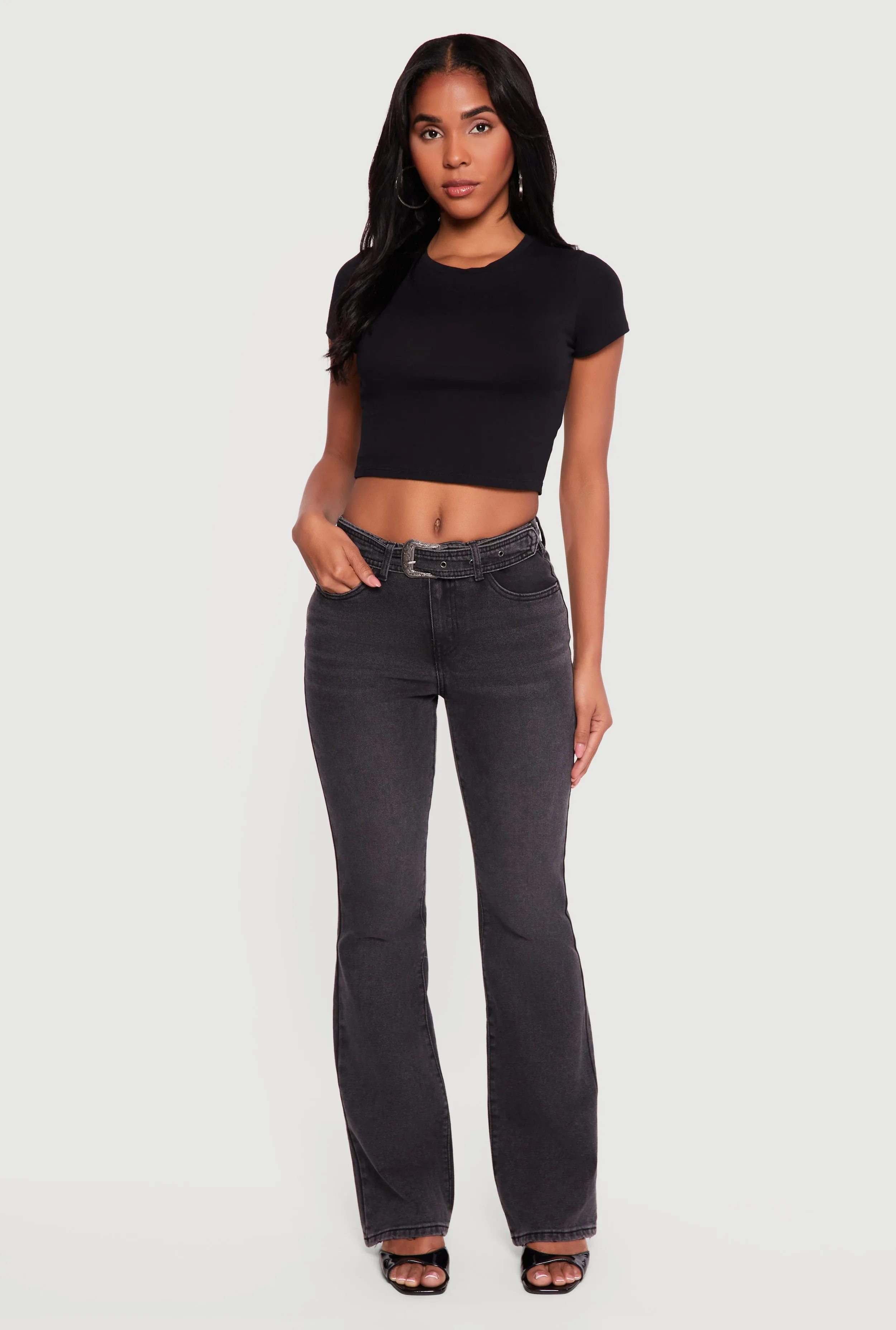 Almost Famous Whiskered Belted Front Bootcut Jeans sold by Rainbow