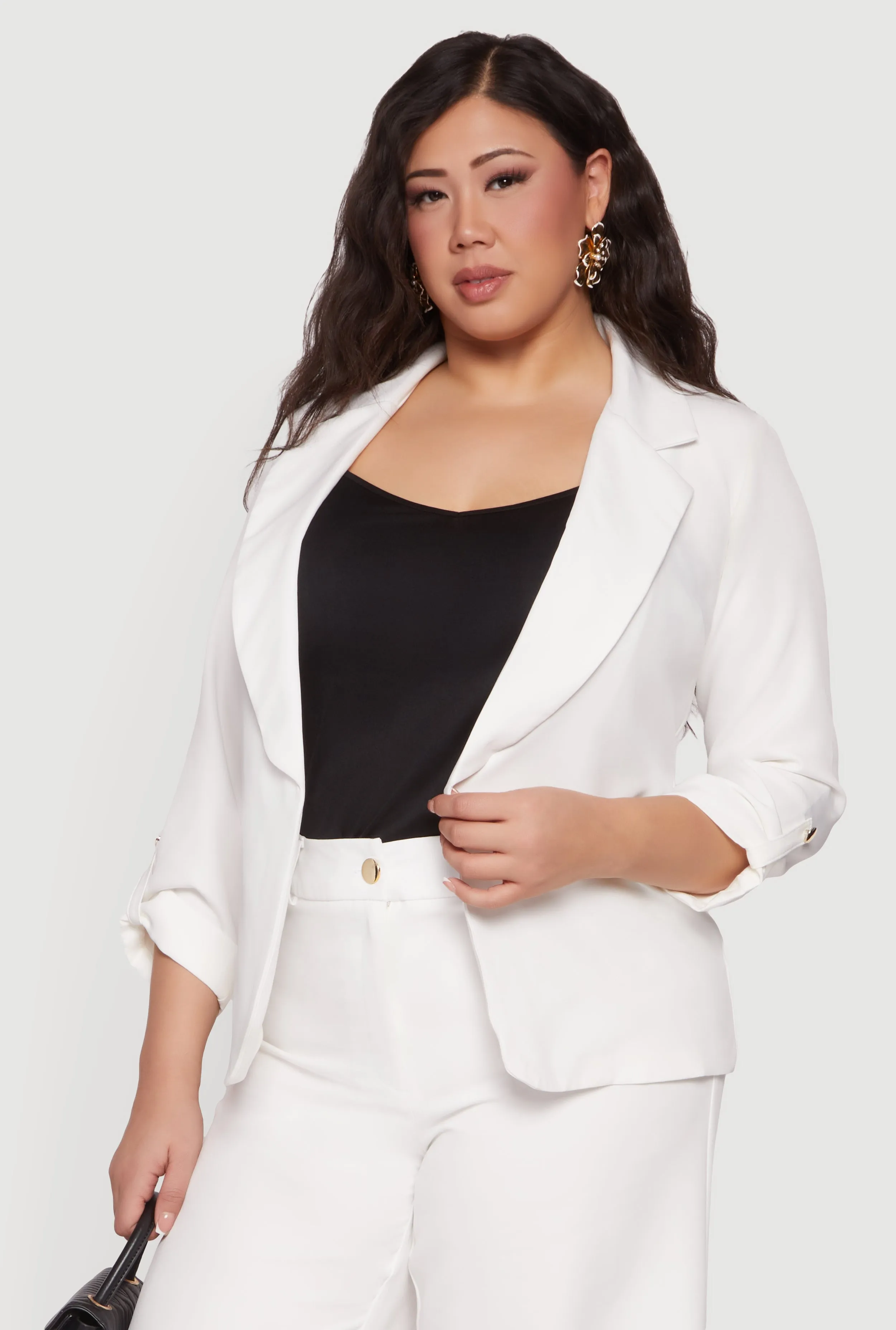 Plus Size Crepe Knit Tabbed Sleeve Open Front Blazer sold by Rainbow product image thumbnail 3