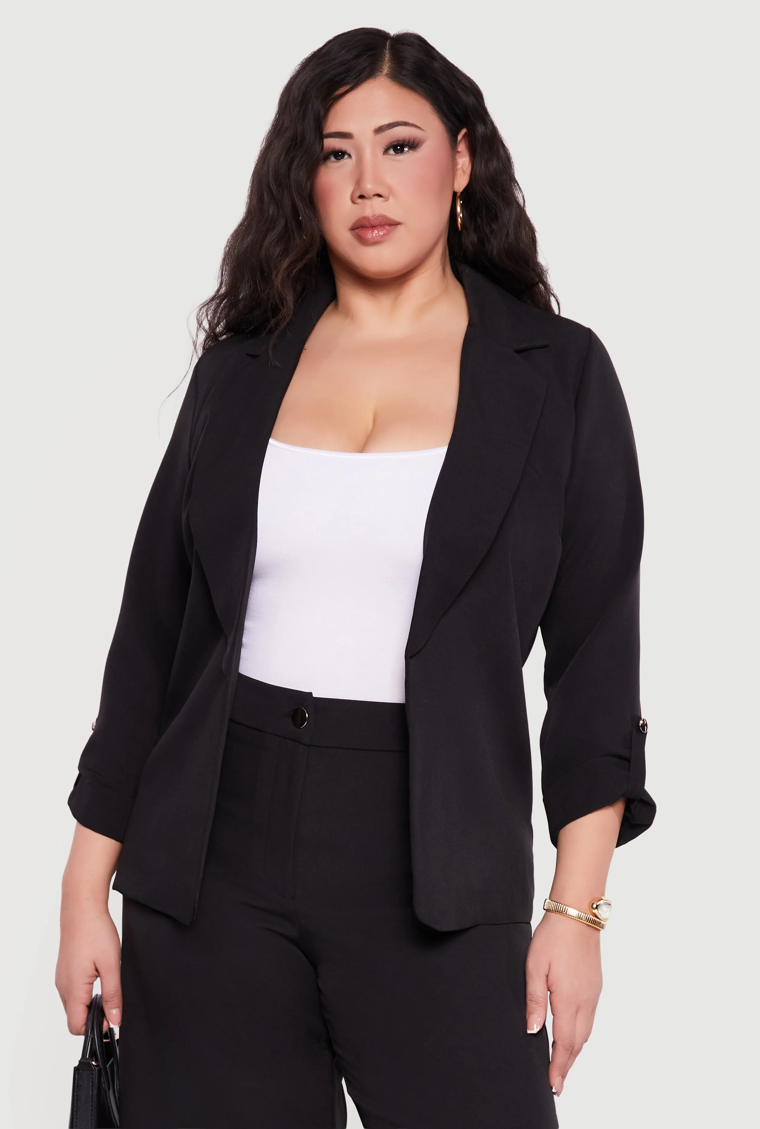 Plus Size Crepe Knit Tabbed Sleeve Open Front Blazer sold by Rainbow product image thumbnail 2
