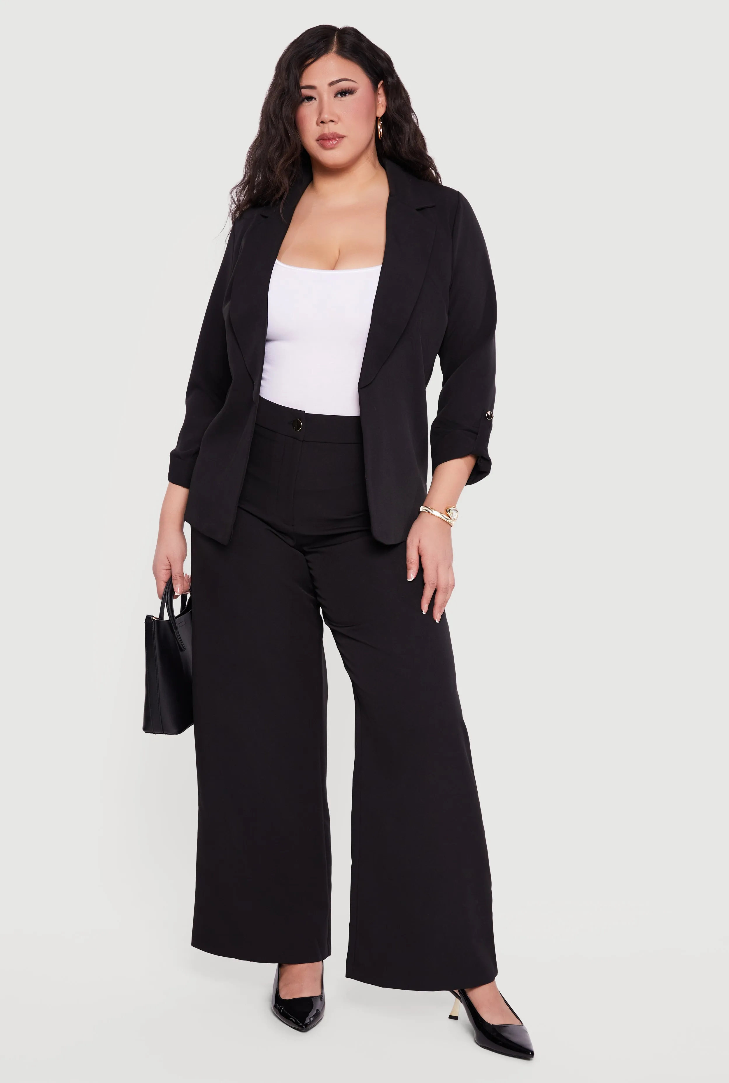 Plus Size Crepe Knit Tabbed Sleeve Open Front Blazer sold by Rainbow product image thumbnail 2