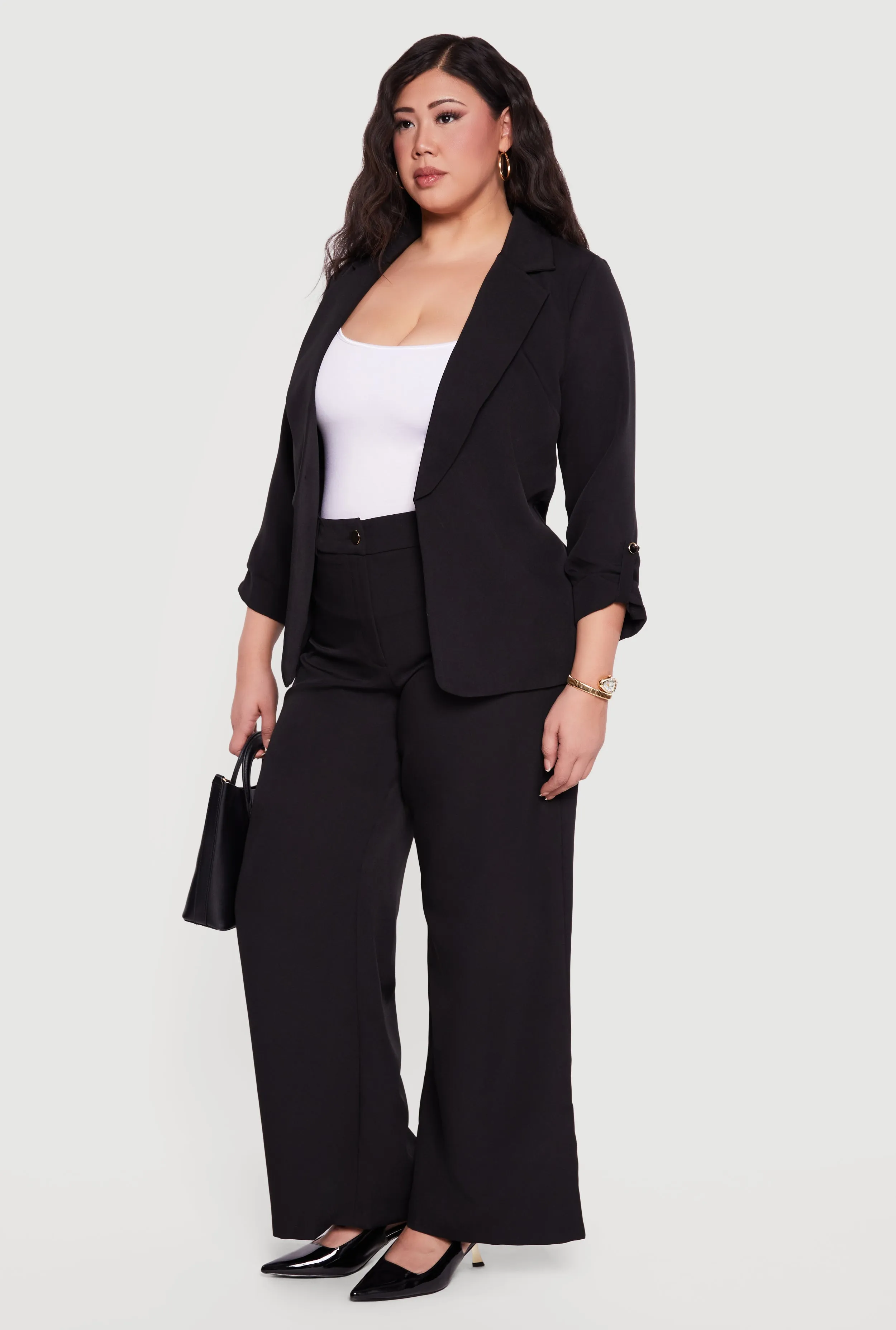 Plus Size Crepe Knit Tabbed Sleeve Open Front Blazer sold by Rainbow product image thumbnail 3