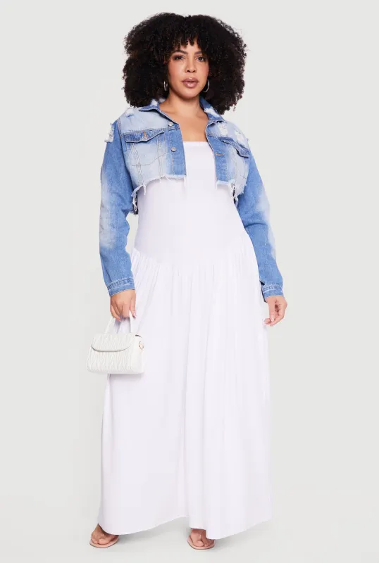 Plus Size Almost Famous Cropped Frayed Hem Denim Jacket sold by Rainbow