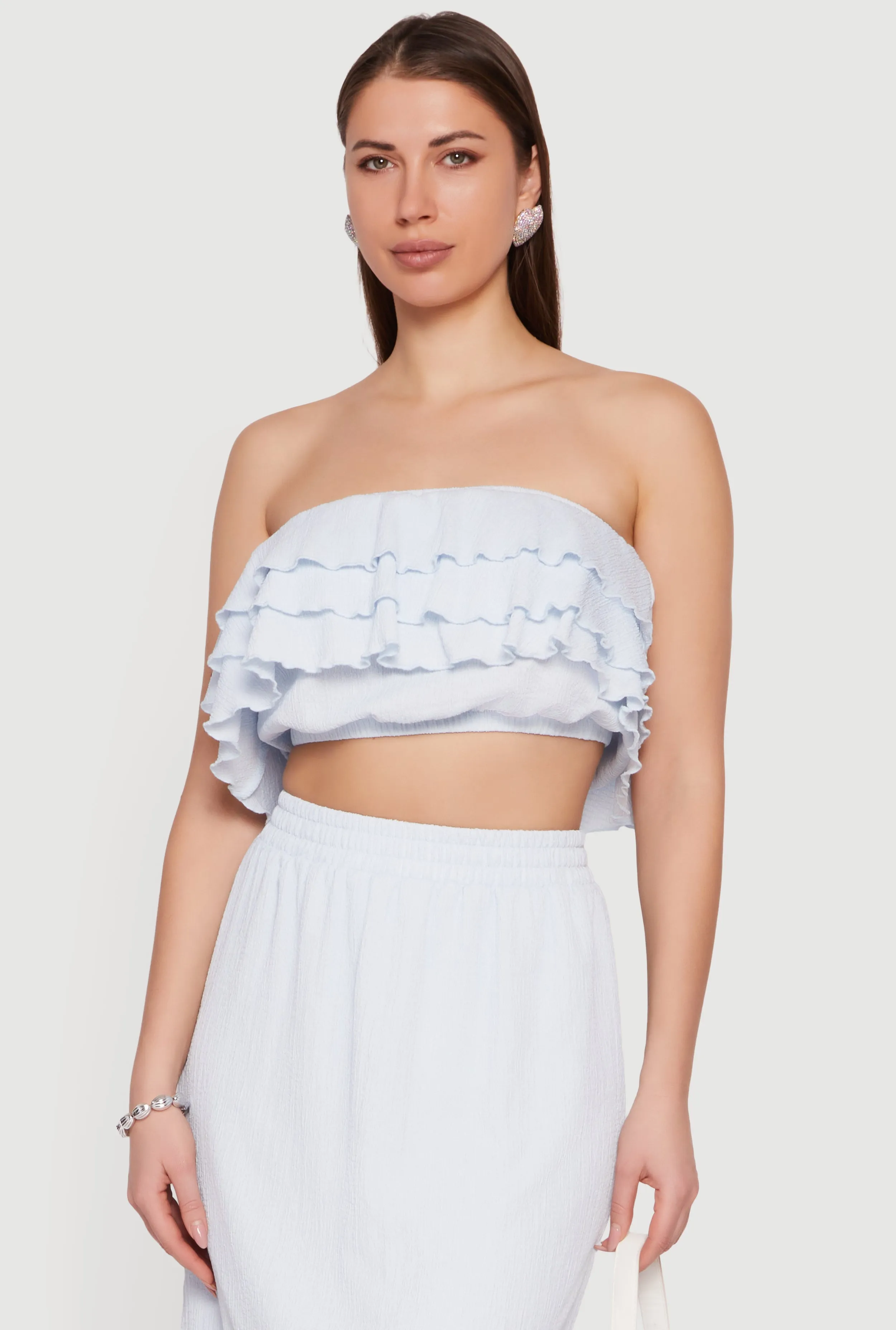Textured Knit Ruffle Tiered Crop Tube Top sold by Rainbow