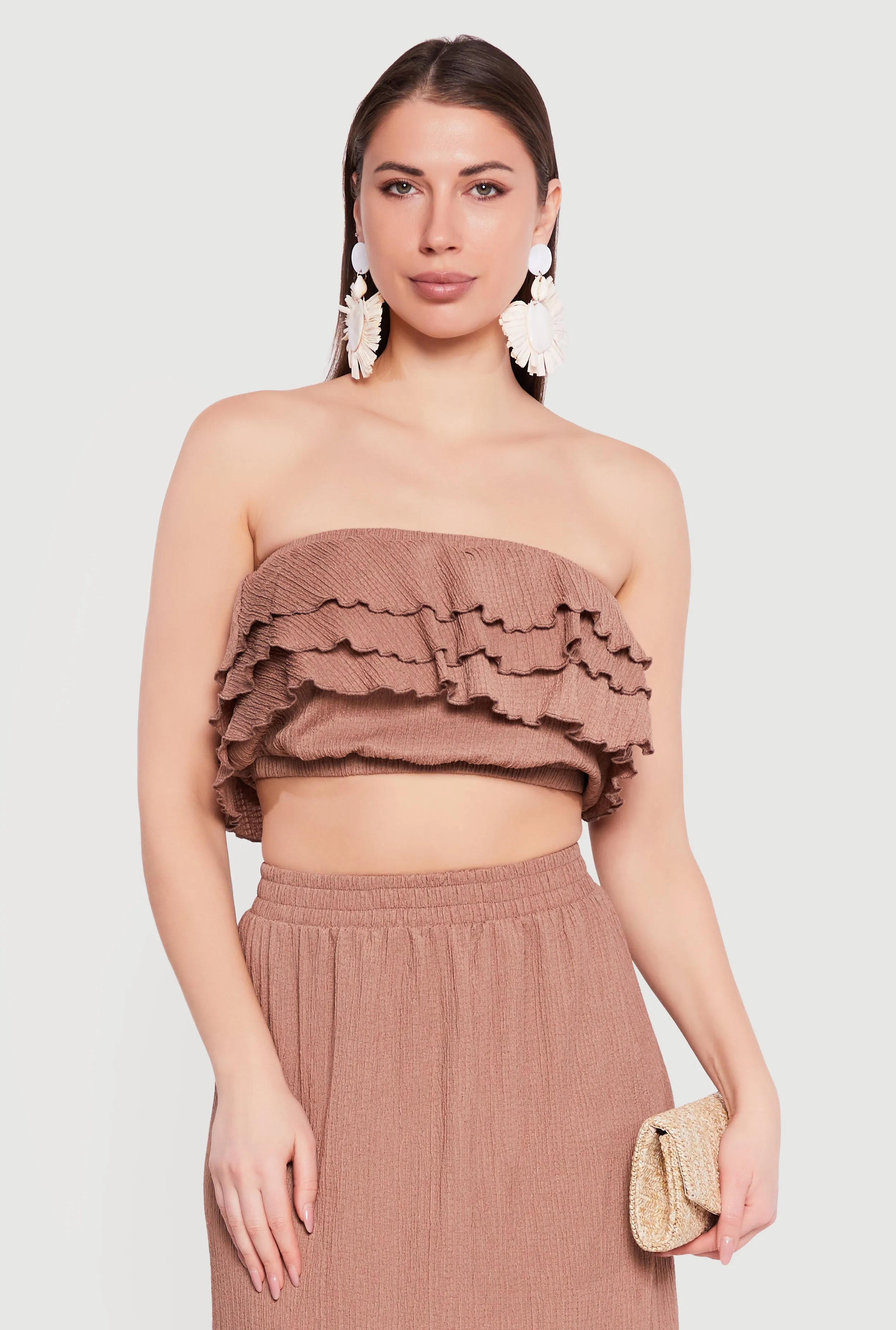 Textured Knit Ruffle Tiered Crop Tube Top sold by Rainbow