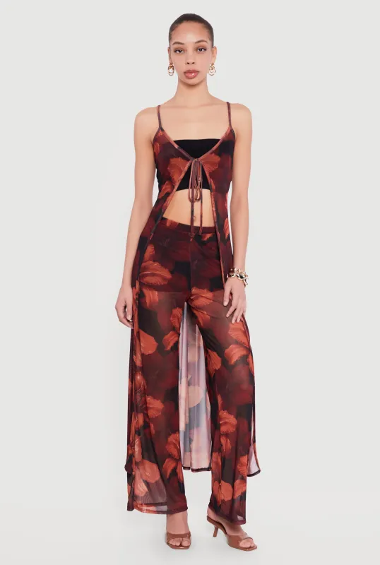 Floral Mesh Tie Front Long Cami Duster made by Rainbow