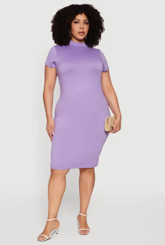 Plus Size Short Sleeve Mock Neck Midi Dress sold by Rainbow