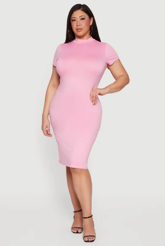 Plus Size Short Sleeve Mock Neck Midi Dress sold by Rainbow