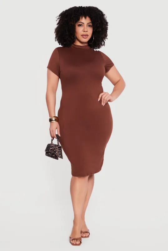 Plus Size Short Sleeve Mock Neck Midi Dress sold by Rainbow