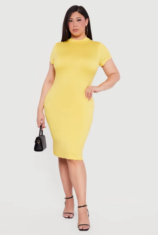 Plus Size Short Sleeve Mock Neck Midi Dress sold by Rainbow