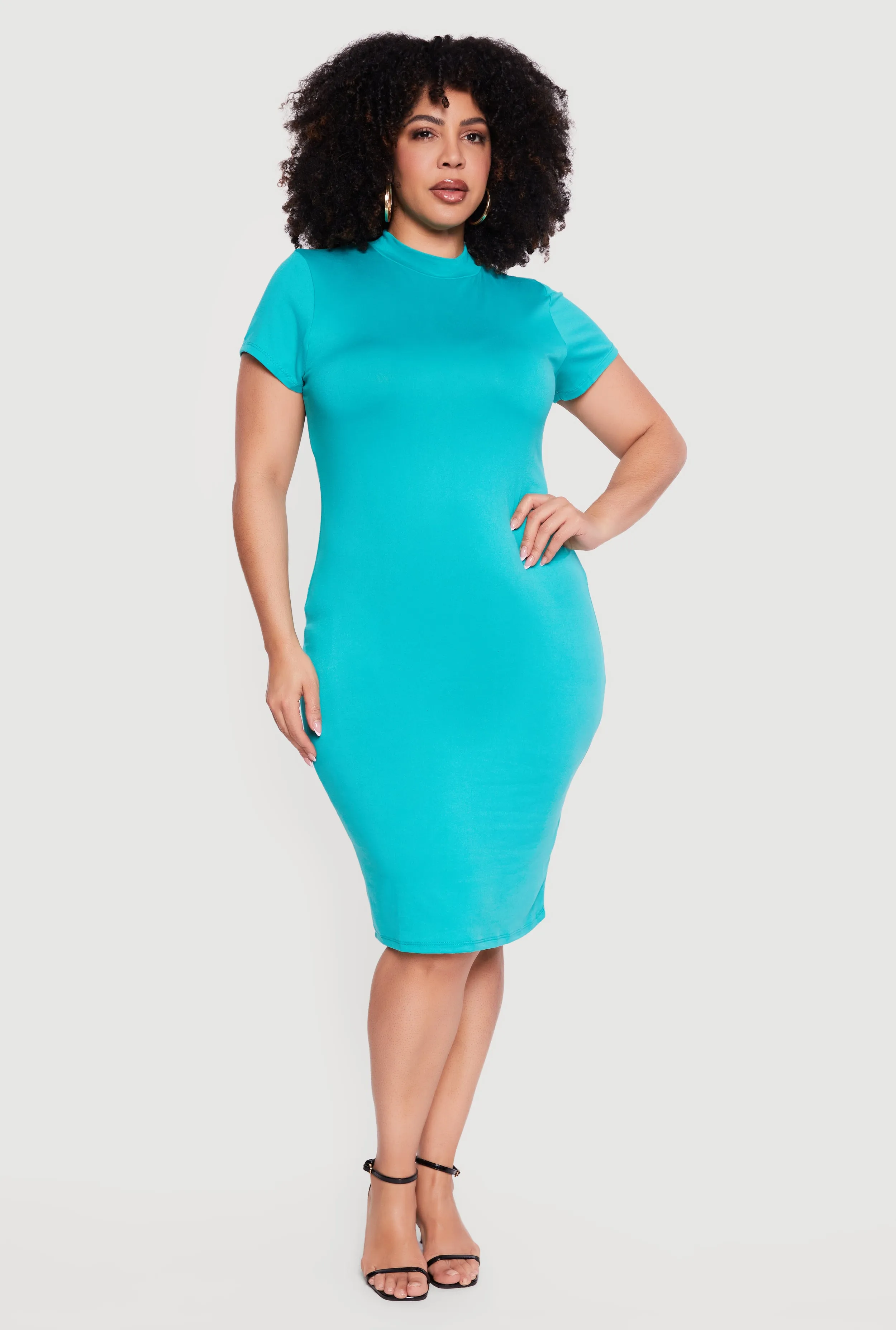 Plus Size Short Sleeve Mock Neck Midi Dress sold by Rainbow