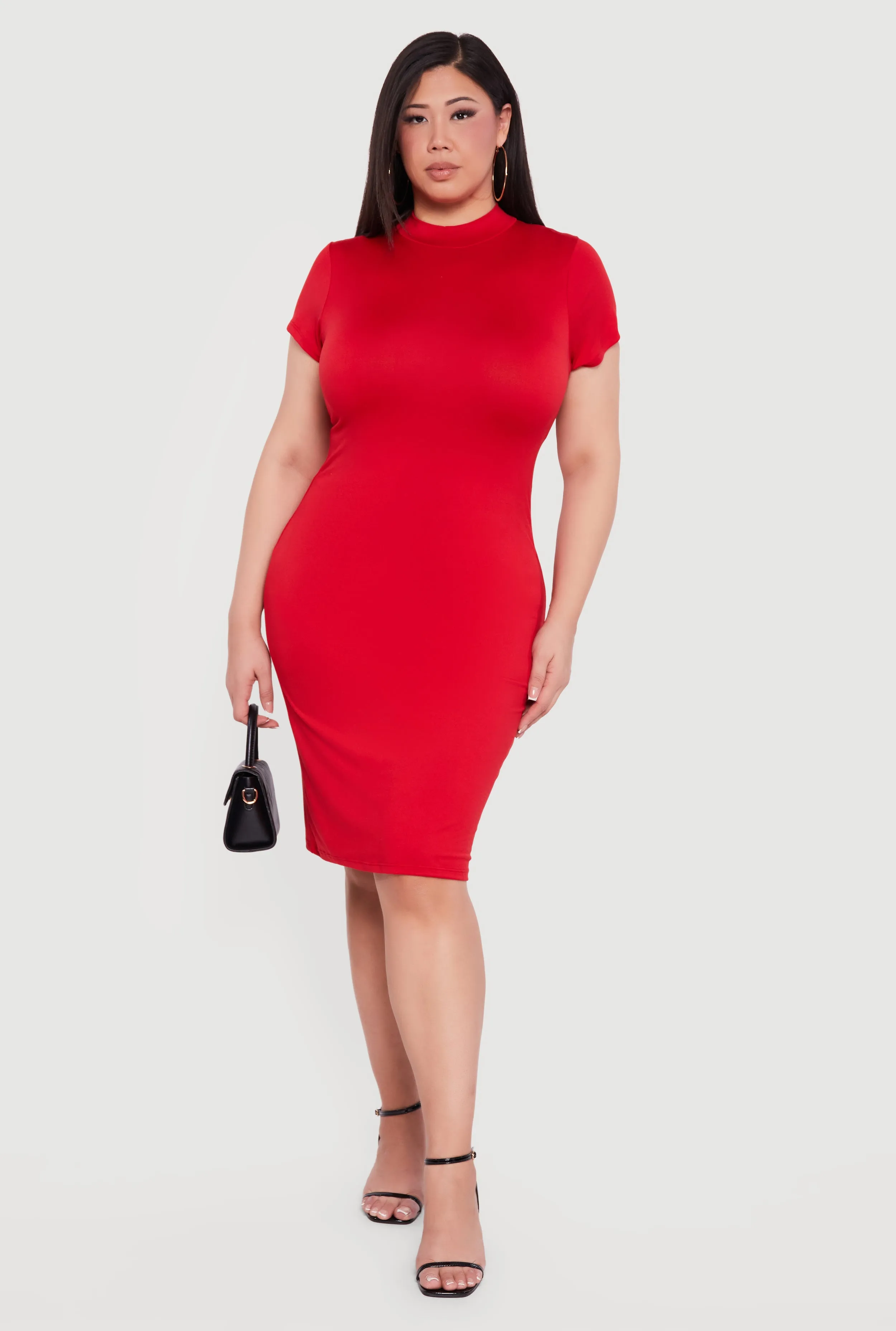 Plus Size Short Sleeve Mock Neck Midi Dress sold by Rainbow