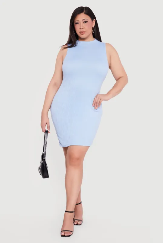 Plus Size Rib Knit Sleeveless Mock Neck Mini Dress sold by Rainbow