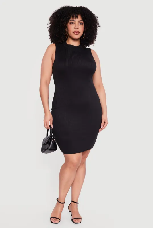 Plus Size Rib Knit Sleeveless Mock Neck Mini Dress sold by Rainbow