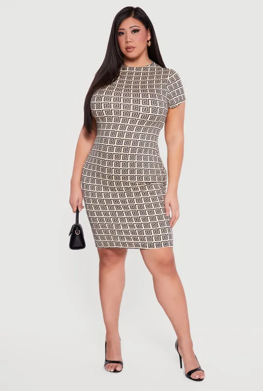 Plus Size Greek Key Soft Knit Short Sleeve Midi Dress made by Rainbow