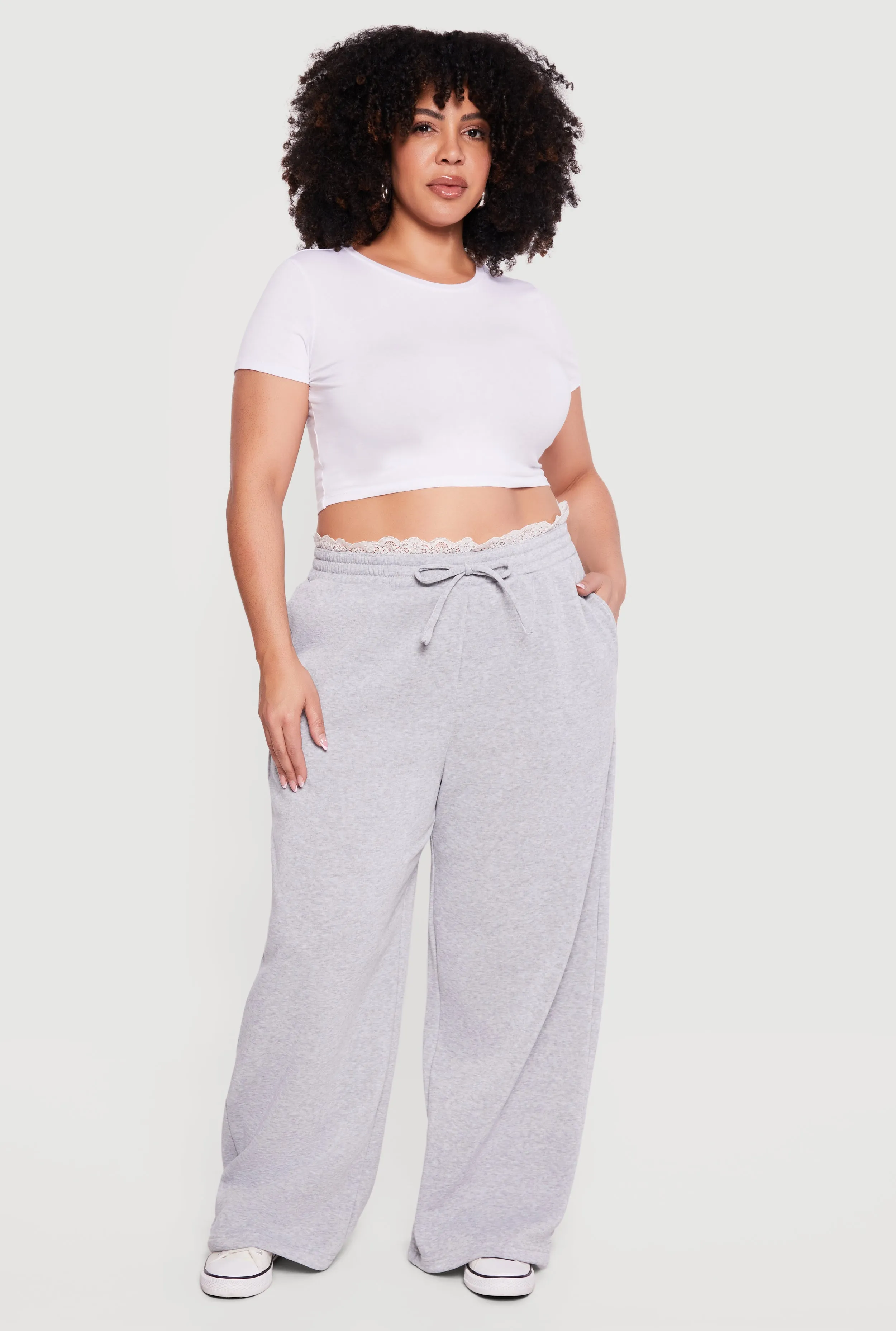 Plus Size Lace Trim High Waisted Wide Leg Sweatpants sold by Rainbow