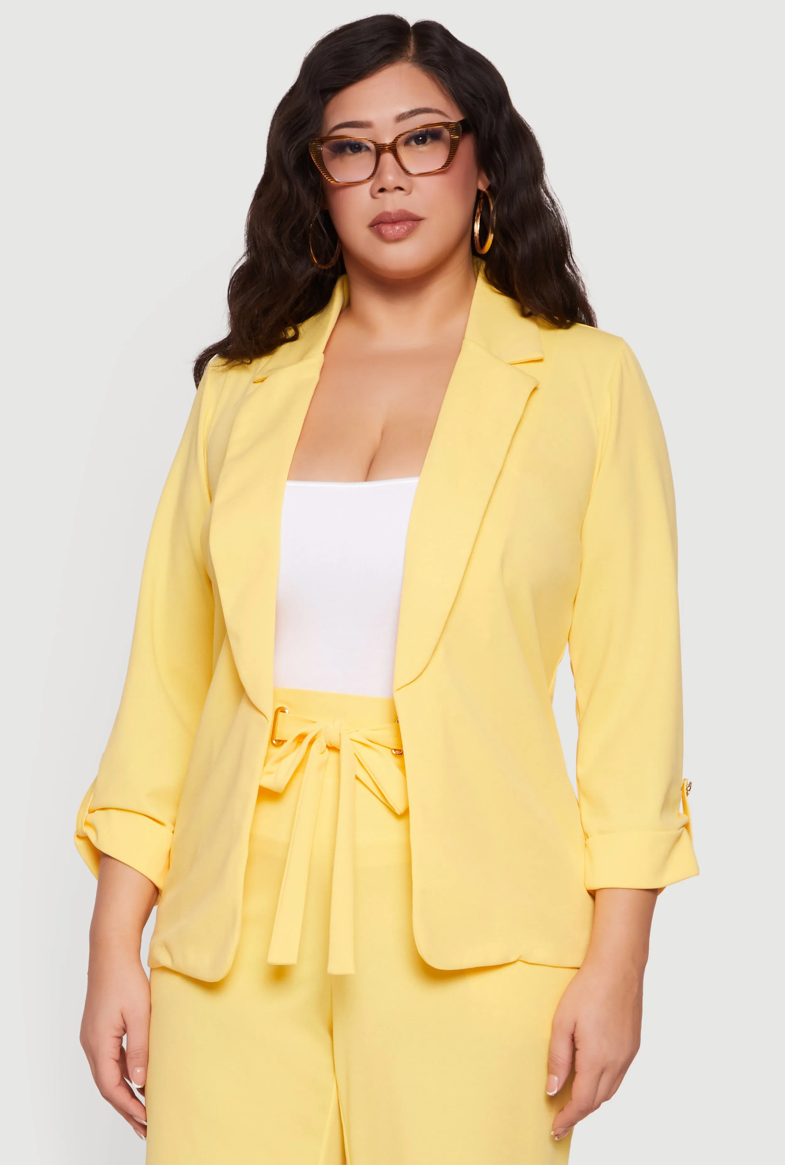 Plus Size Crepe Knit Open Front Tab Sleeve Blazer sold by Rainbow