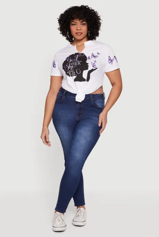Plus Size God Is Within Her She Will Not Fail Knot Front Tee made by Rainbow