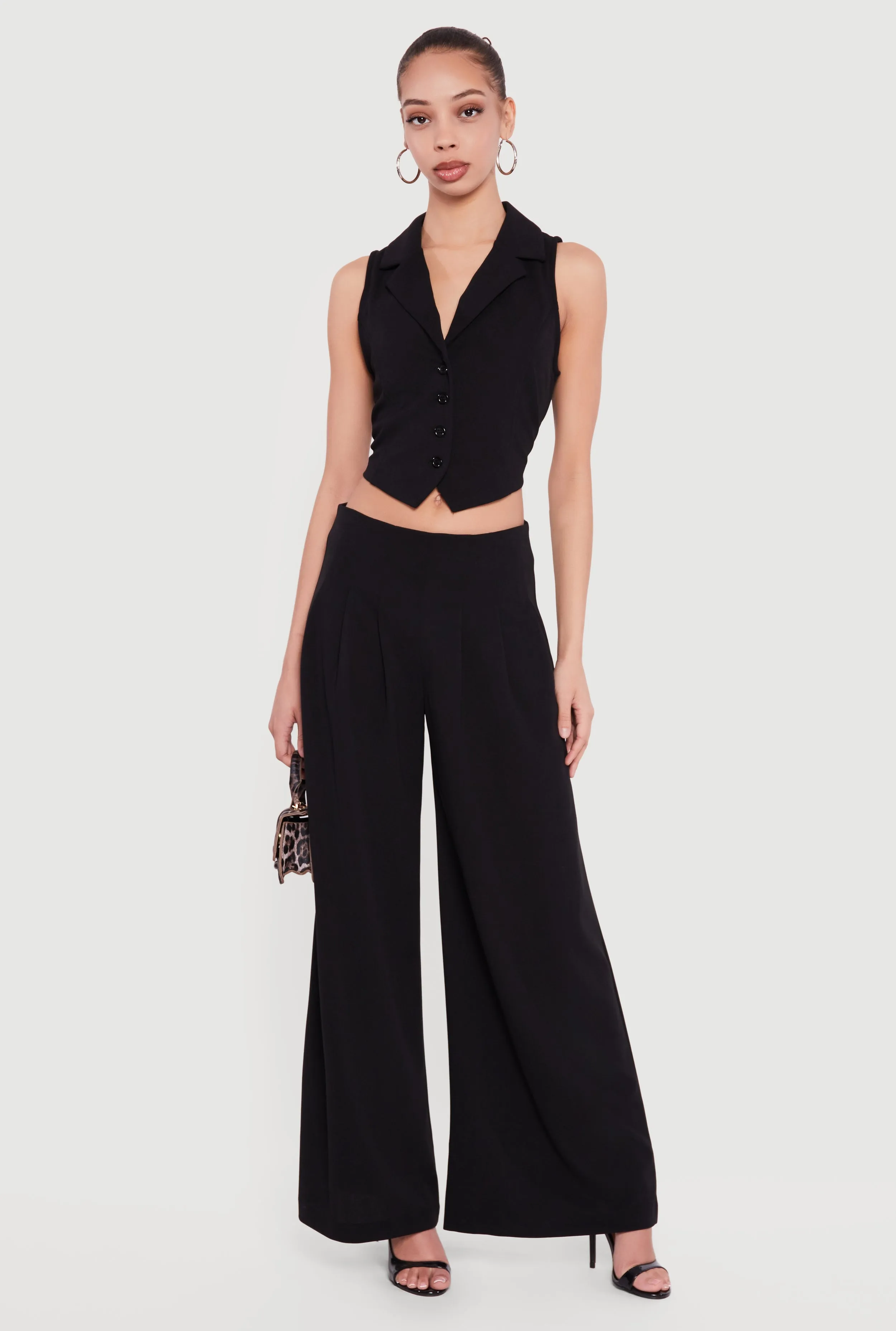 Solid Crepe Knit Pleated Wide Leg Palazzo Pants sold by Rainbow