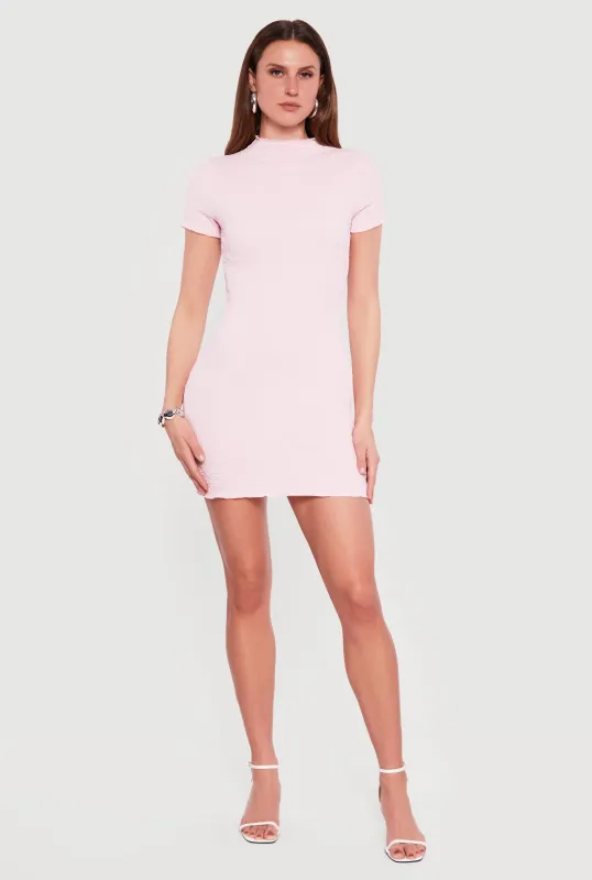 Textured Knit Mock Neck Short Sleeve Mini Dress sold by Rainbow
