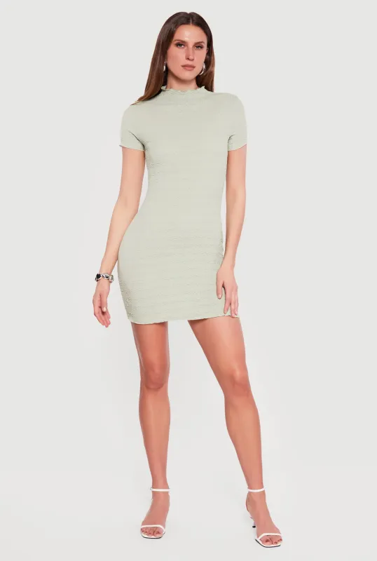 Textured Knit Mock Neck Short Sleeve Mini Dress sold by Rainbow
