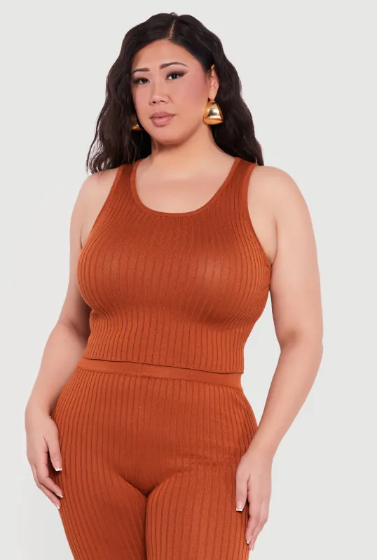 Plus Size Ribbed Knit Sleeveless Scoop Neck Crop Top sold by Rainbow