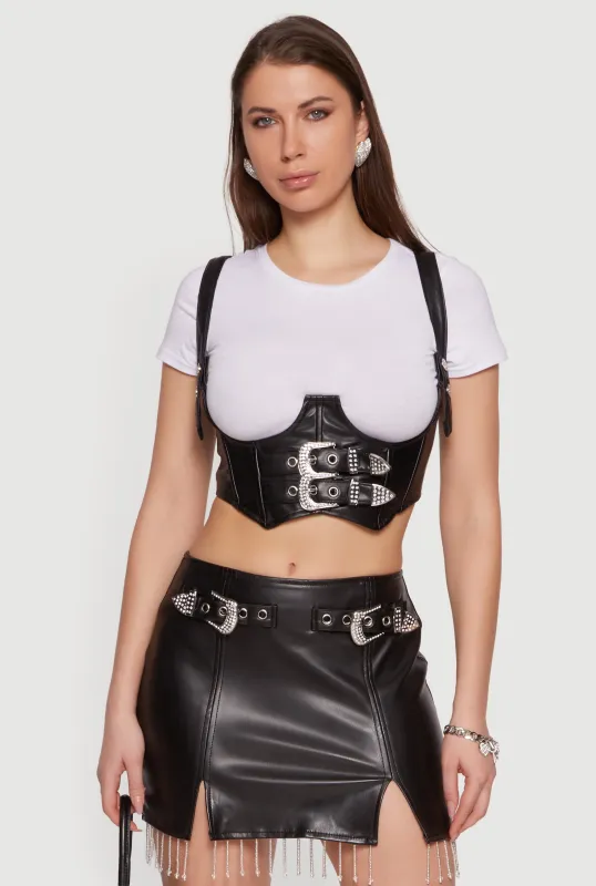 Faux Leather Buckle Front Fringe Skirt sold by Rainbow