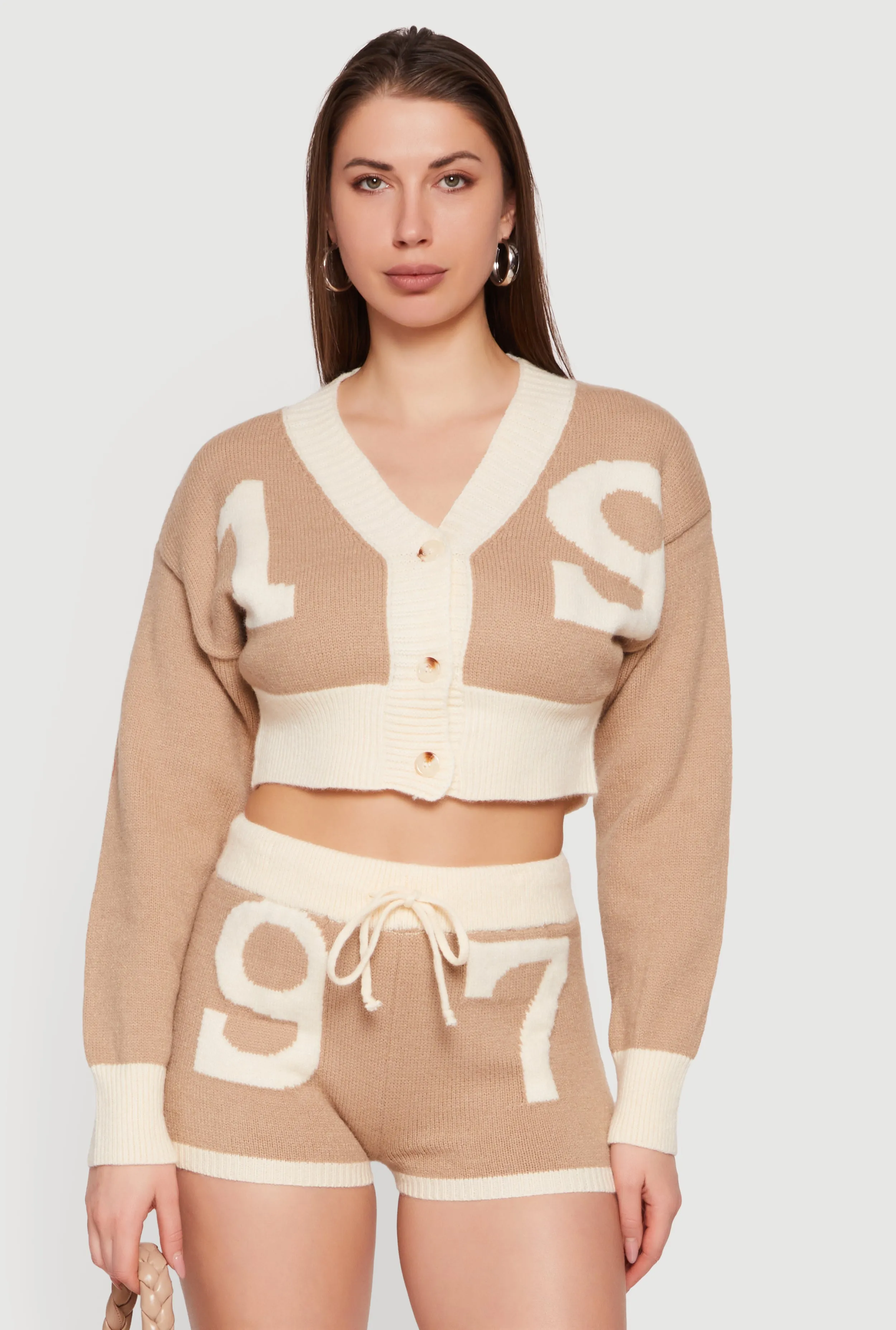 Cropped 19 Graphic Button Front Cardigan sold by Rainbow