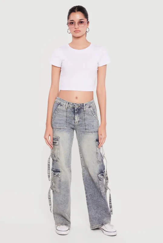 Acid Wash Cargo Pocket Straight Leg Jeans sold by Rainbow