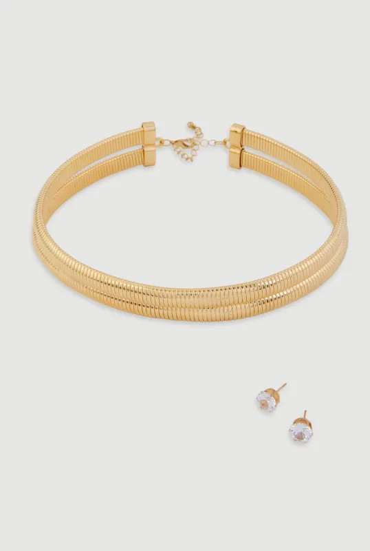 Double Snake Chain Necklace and Stud Earrings made by Rainbow