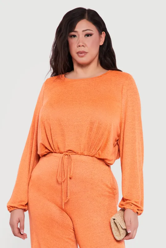 Plus Size Drawstring Hem Long Sleeve Crop Top sold by Rainbow