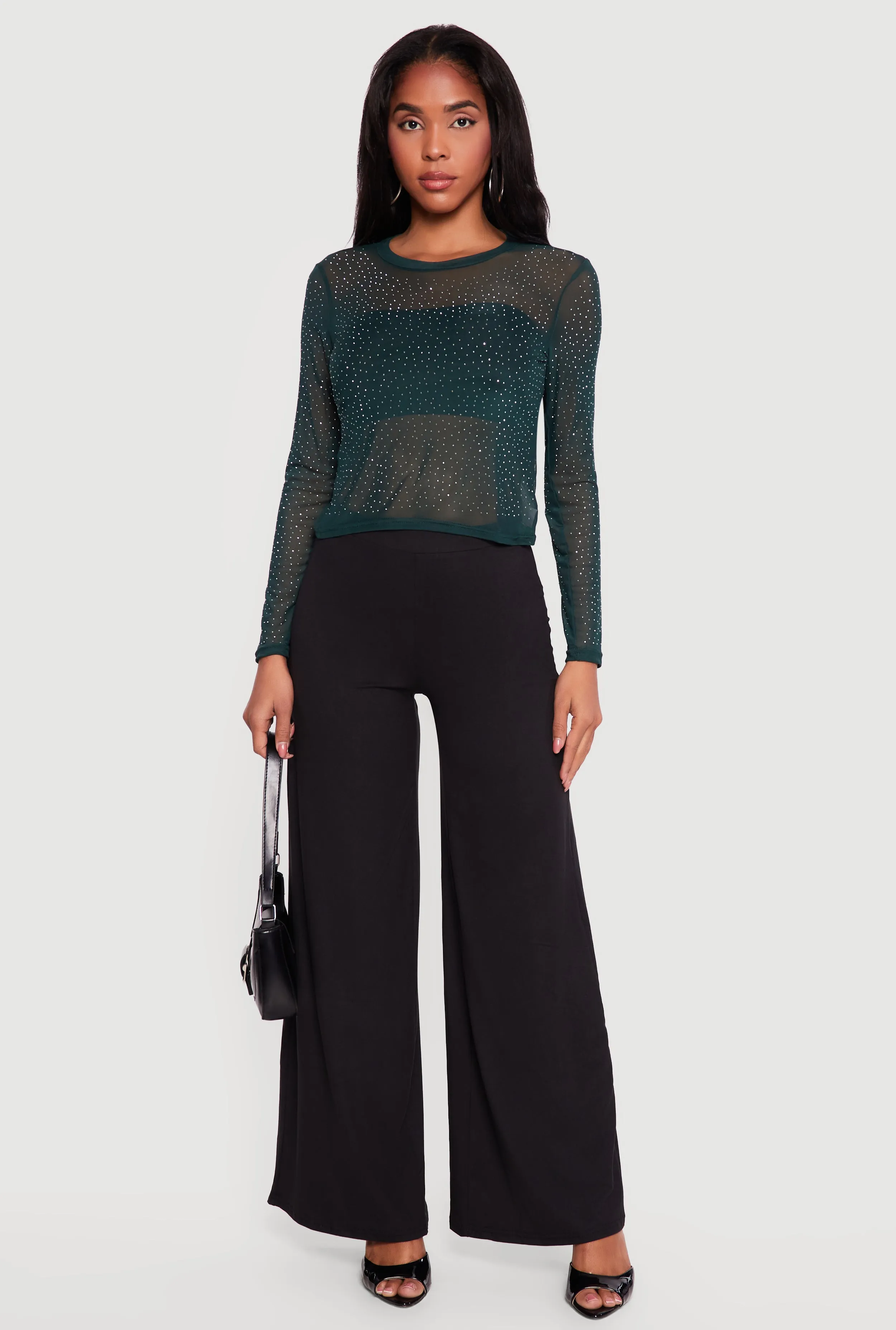 Rhinestone Mesh Long Sleeve Top sold by Rainbow