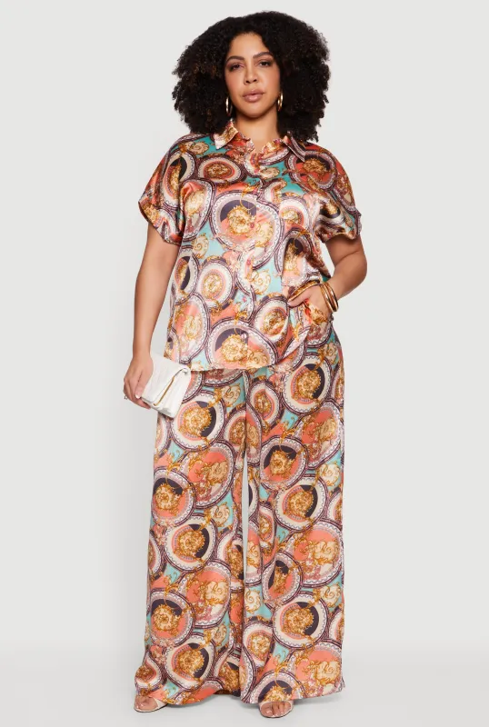 Plus Size Satin High Waisted Wide Leg Pants sold by Rainbow