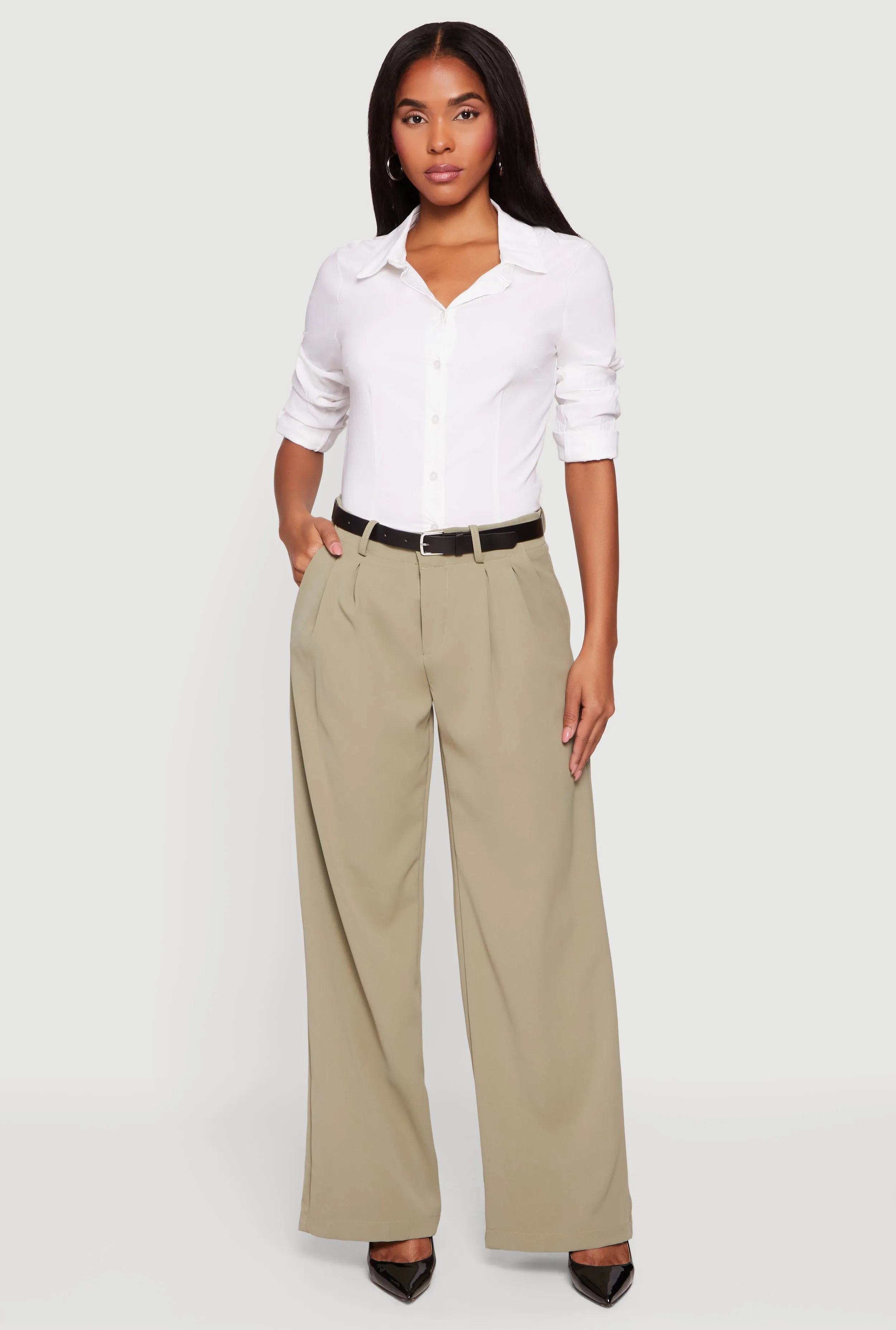Crepe Knit Pleated Wide Leg Dress Pants with Belt sold by Rainbow