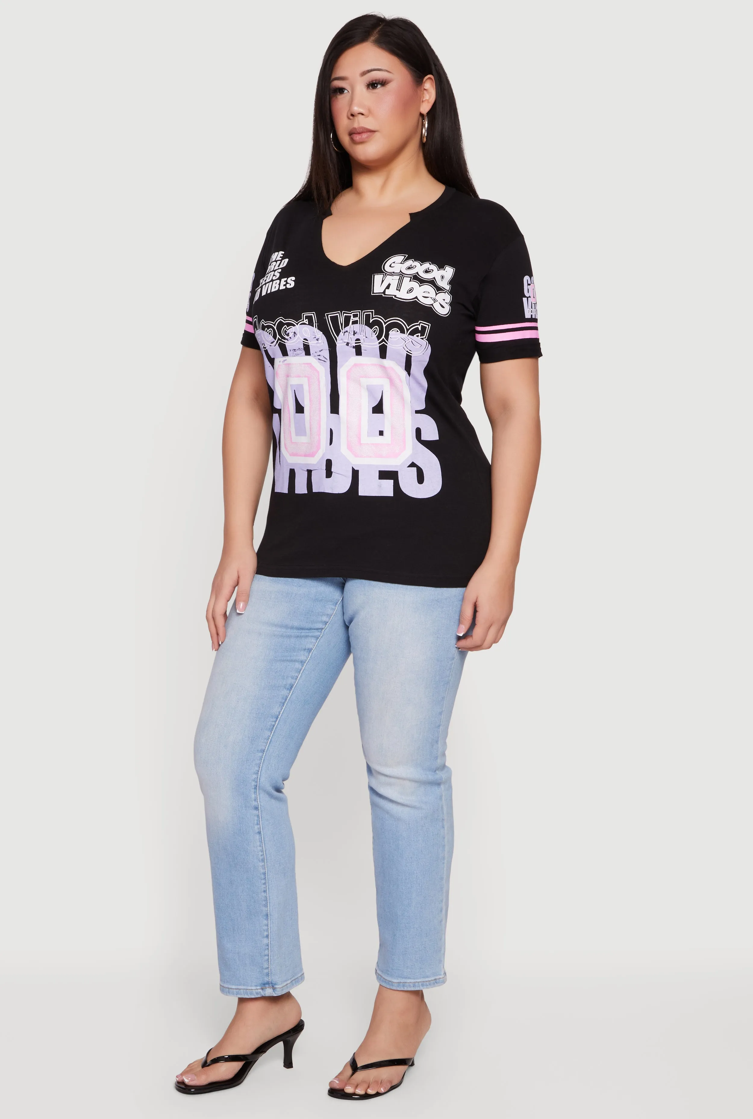 Plus Size The World Needs Good Vibes Notch Neck Tee sold by Rainbow product image thumbnail 3