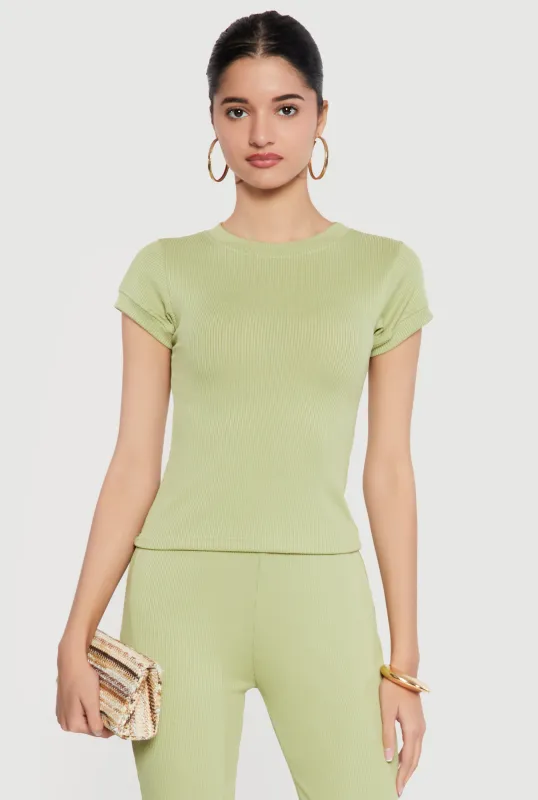 Ribbed Knit Short Sleeve High Neck Tee sold by Rainbow