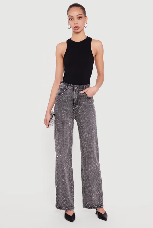 Rhinestone Studded High Waisted Straight Leg Jeans sold by Rainbow