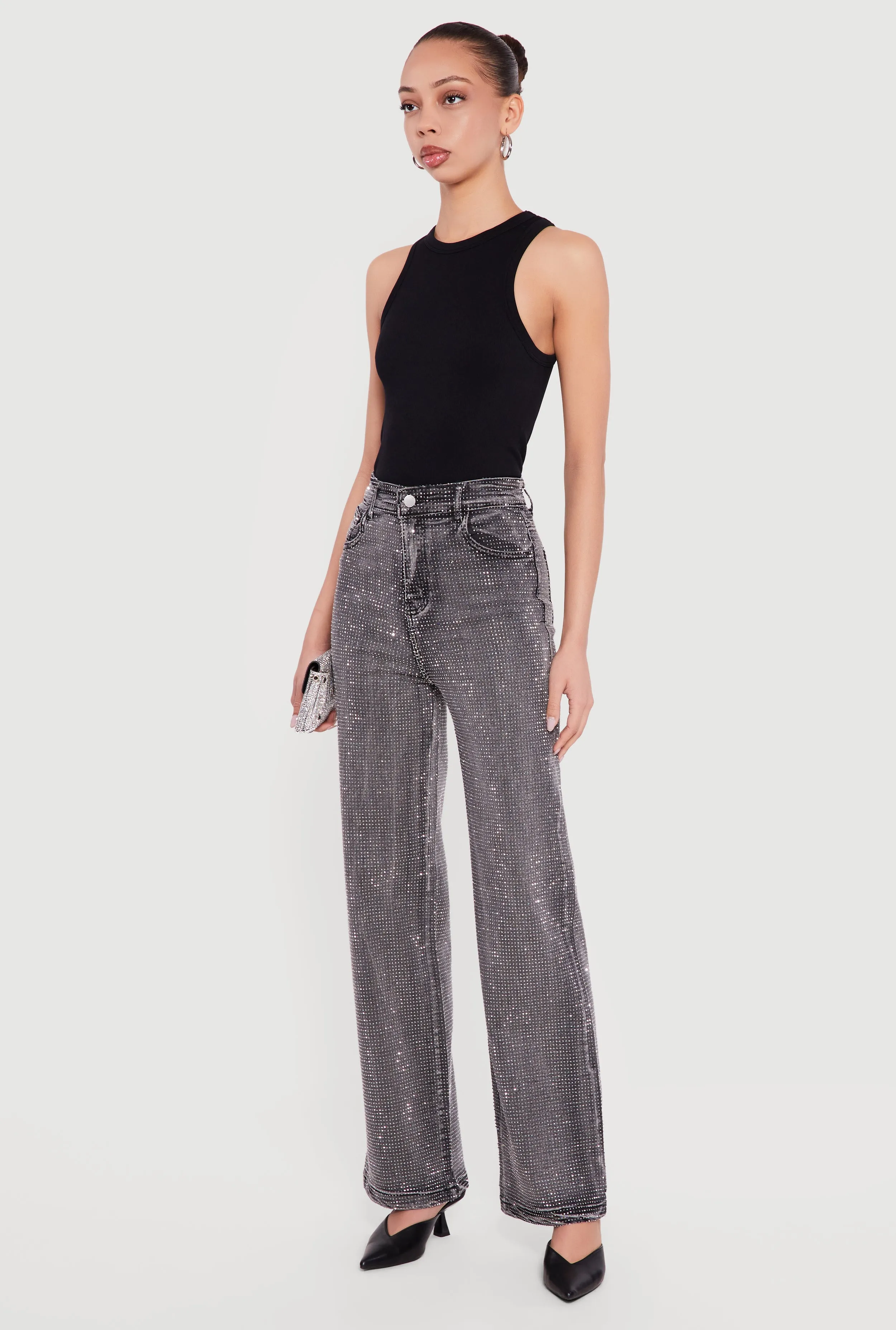 Rhinestone Studded High Waisted Straight Leg Jeans sold by Rainbow product image thumbnail 2