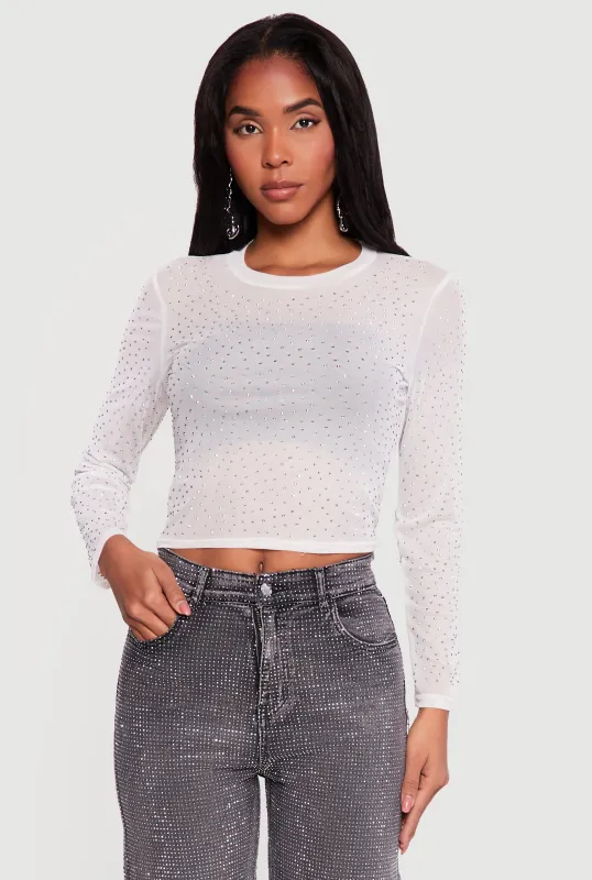 Long Sleeve Rhinestone Mesh Crop Top sold by Rainbow
