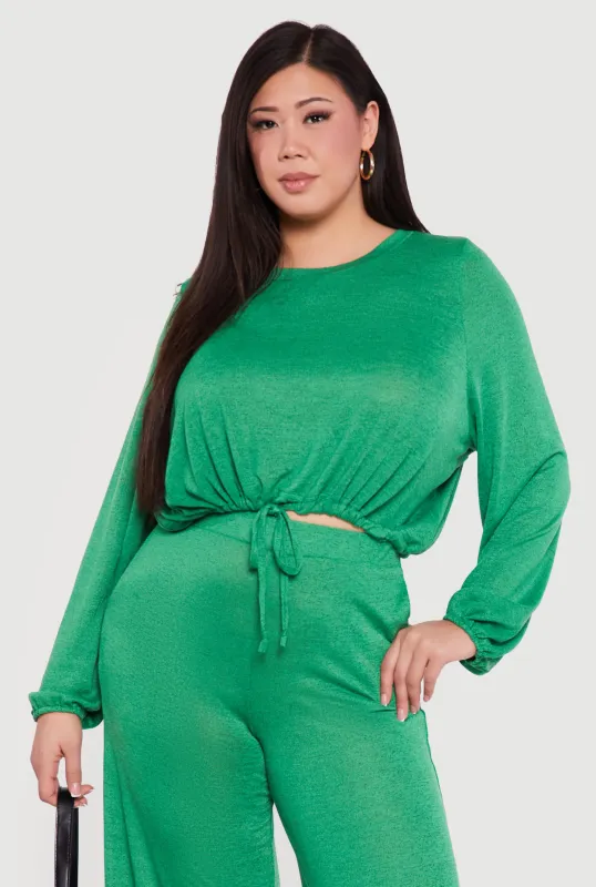 Plus Size Drawstring Hem Long Sleeve Crop Top sold by Rainbow