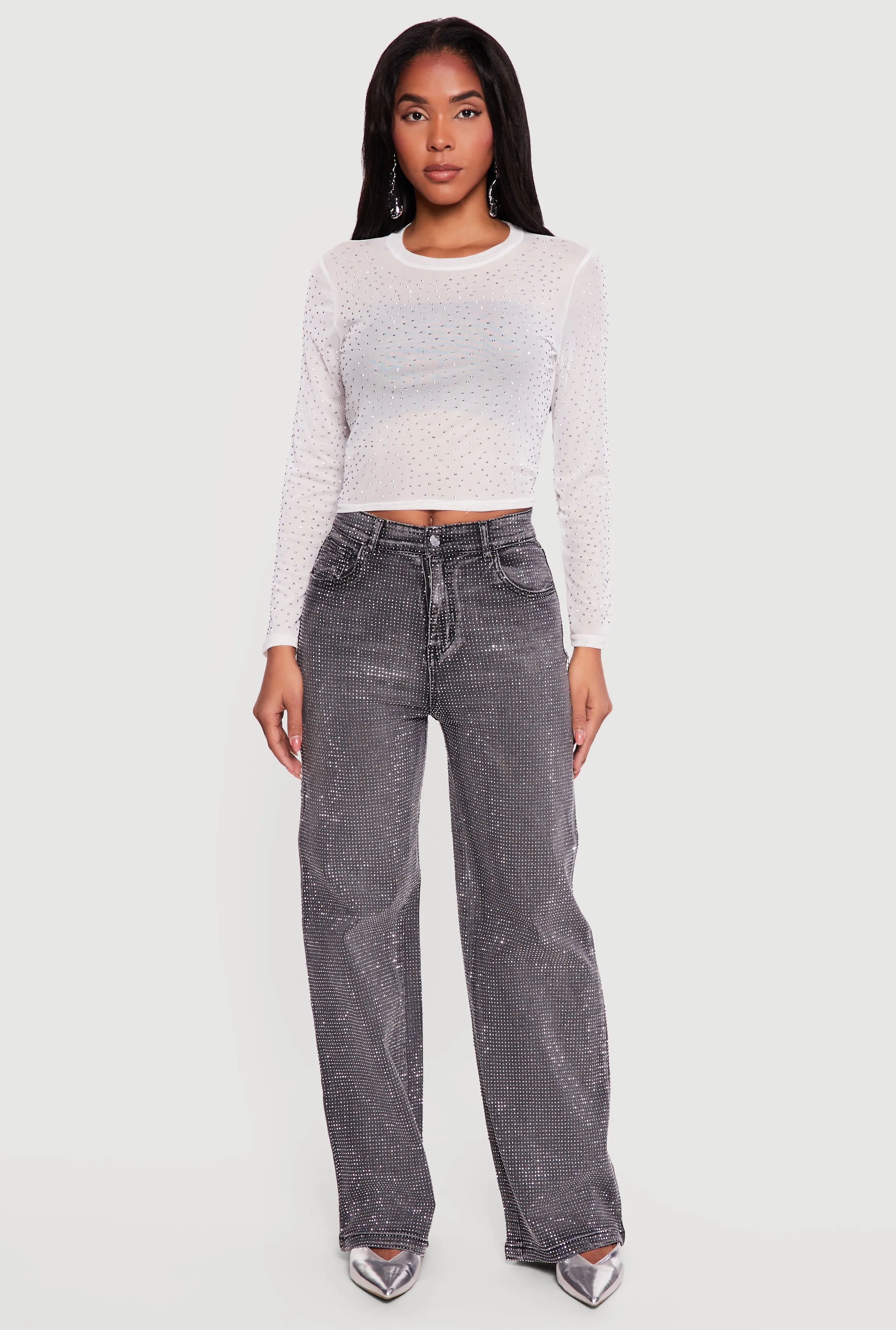 Long Sleeve Rhinestone Mesh Crop Top sold by Rainbow product image thumbnail 2