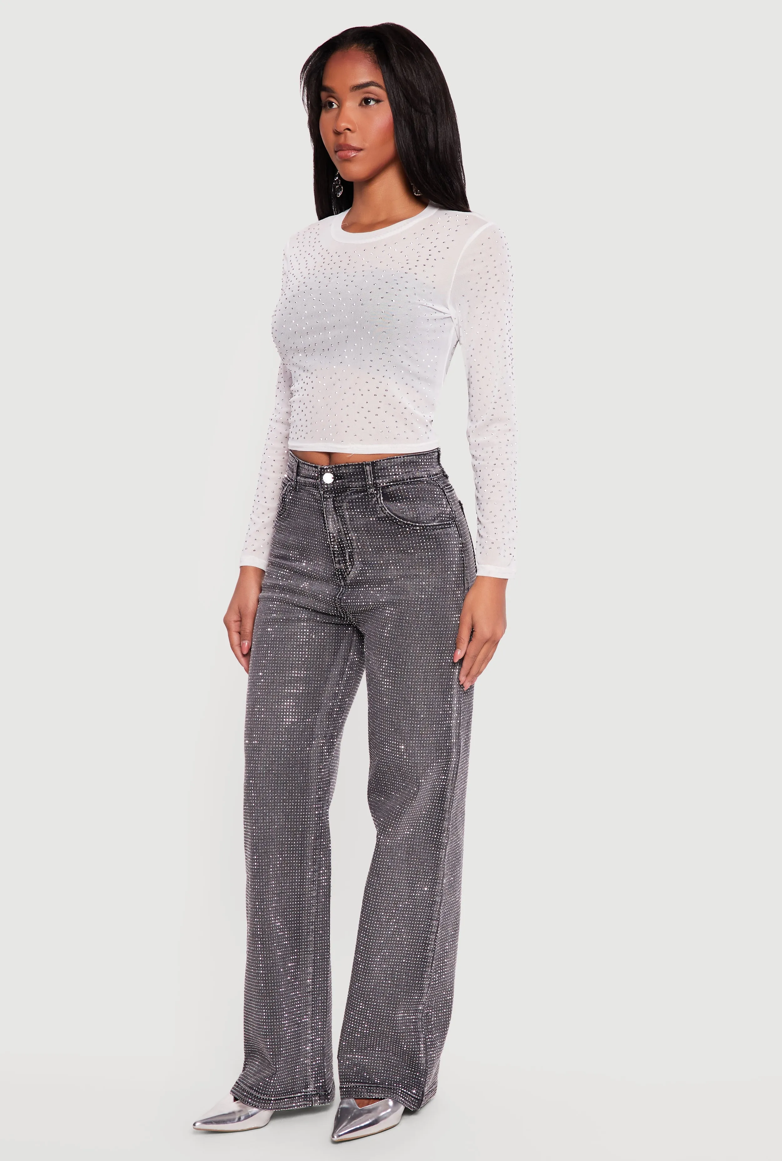 Long Sleeve Rhinestone Mesh Crop Top sold by Rainbow product image thumbnail 3