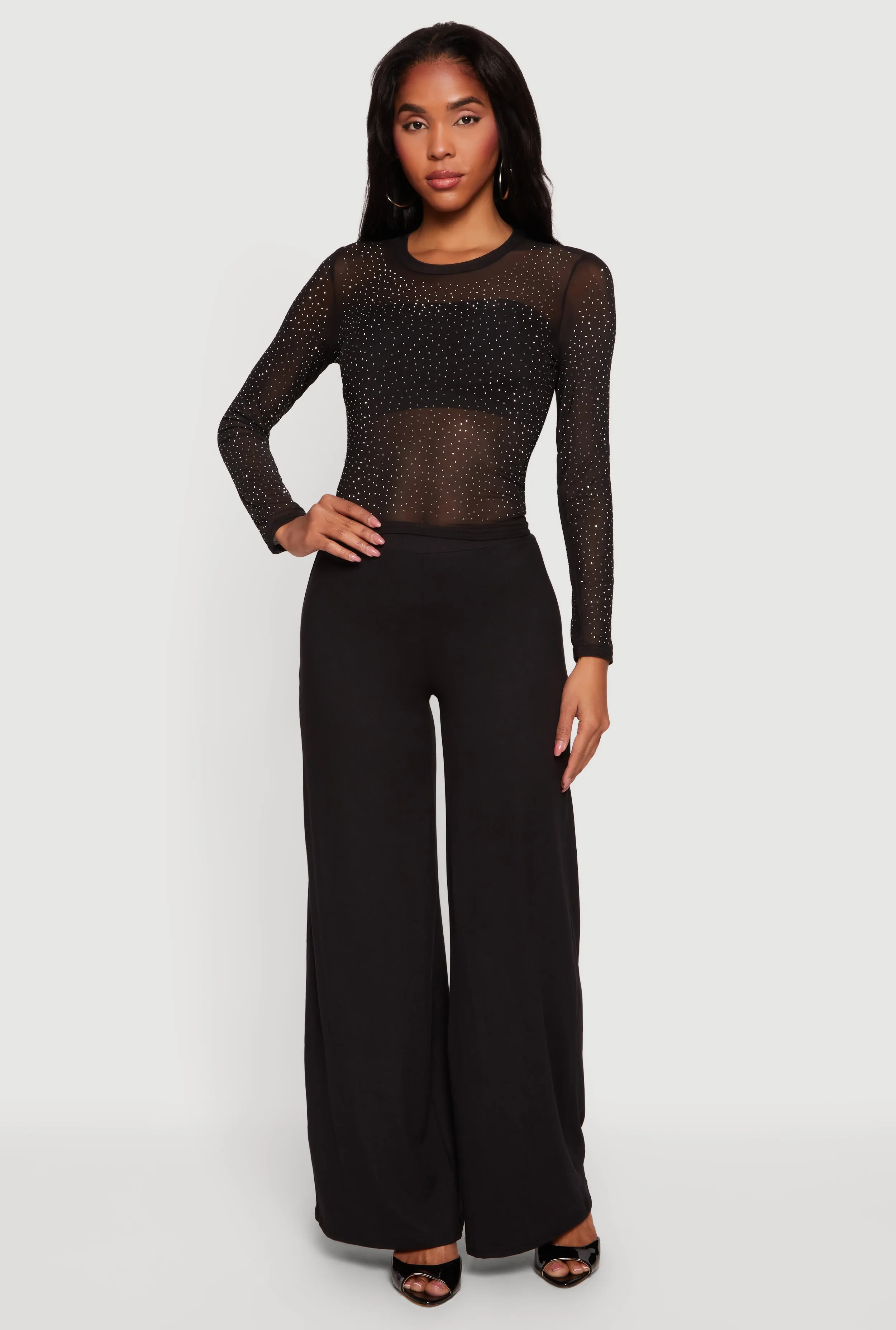 Rhinestone Mesh Long Sleeve Top sold by Rainbow