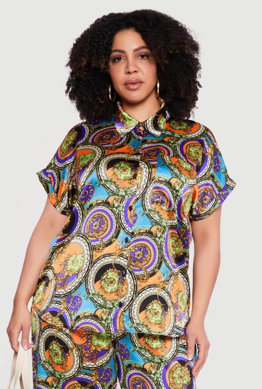 Plus Size Satin Chain Print Blouse made by Rainbow