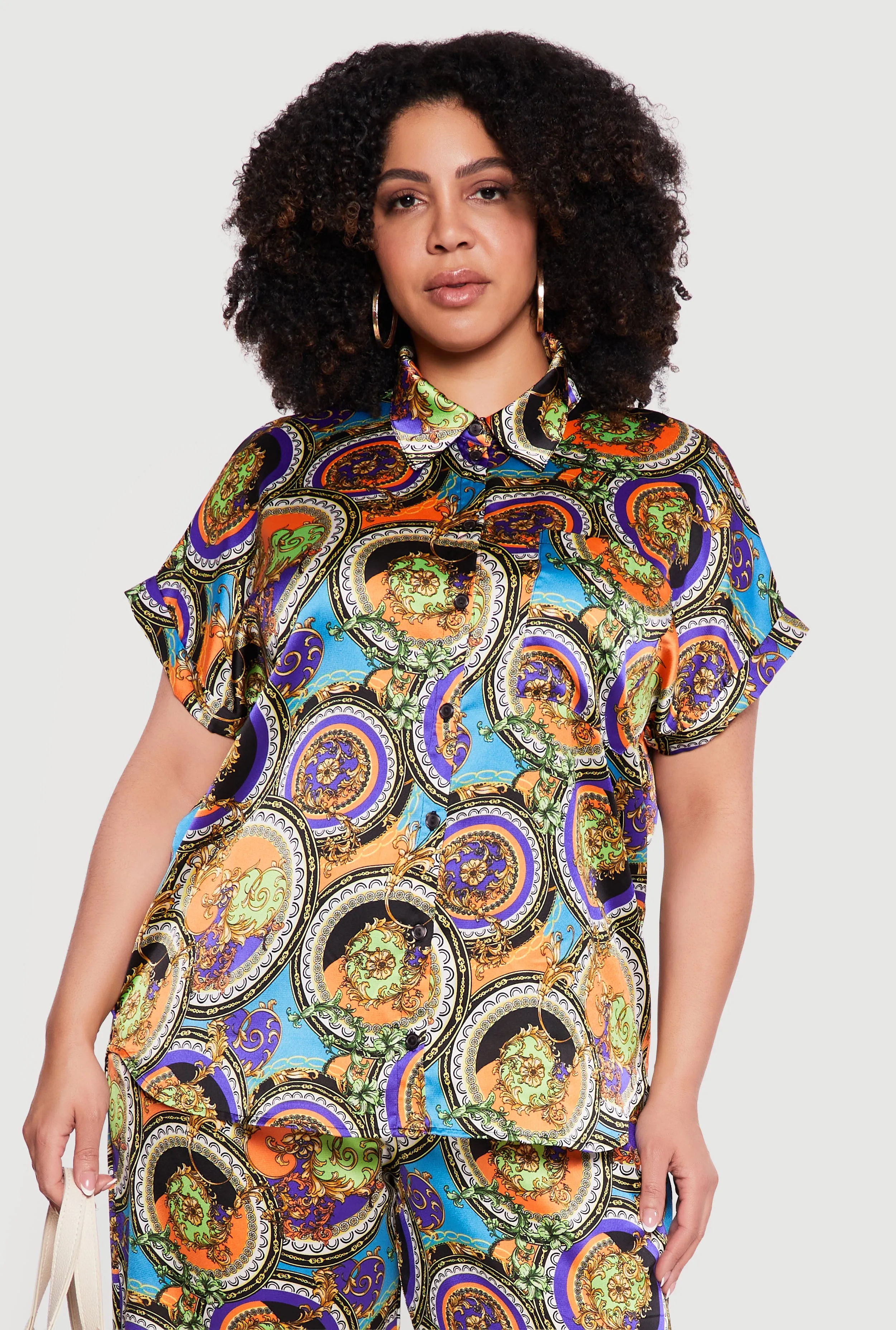 Plus Size Satin Chain Print Blouse sold by Rainbow